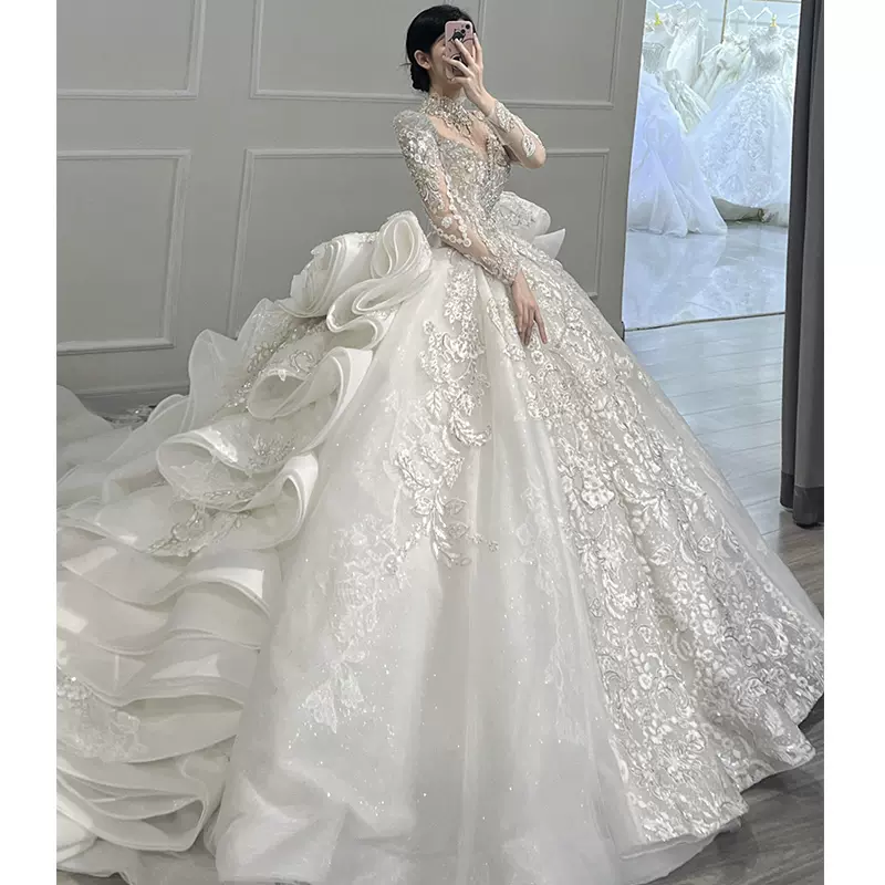 星空主婚纱礼服2023新款新娘一字肩重工小个子大拖尾法式出门纱轻-Taobao