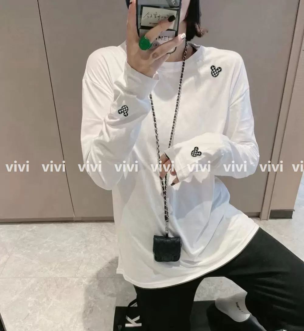 Vivi韩国代购东大门正品女装21冬季款袖拼条假两件磨毛长袖t恤