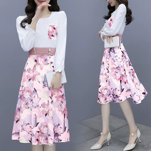 Тонкое платье, шифоновый комплект, французский стиль, в цветочек, коллекция 2021, подходит для подростков
