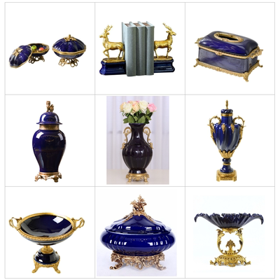 taobao agent American treasure blue ceramics with copper home accessories European -style luxury living room porch vase fruit disk ornaments