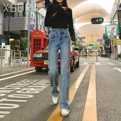 Утягивающий пояс на талию, джинсы, осенние дизайнерские штаны, высокая талия, тренд сезона, свободный прямой крой