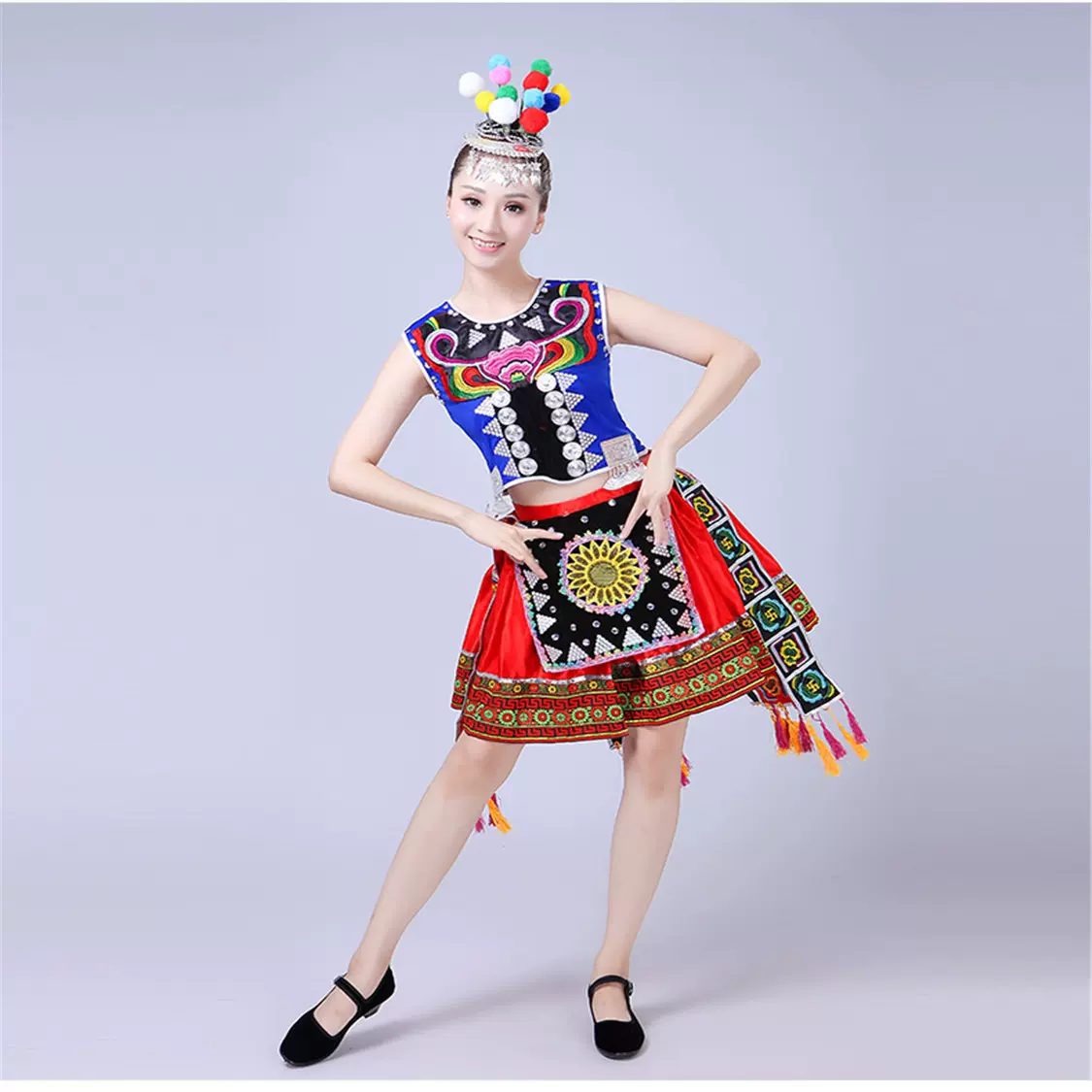 新款佤族舞蹈服装傣族花腰花演出服装佤族甩发舞蹈演出服女