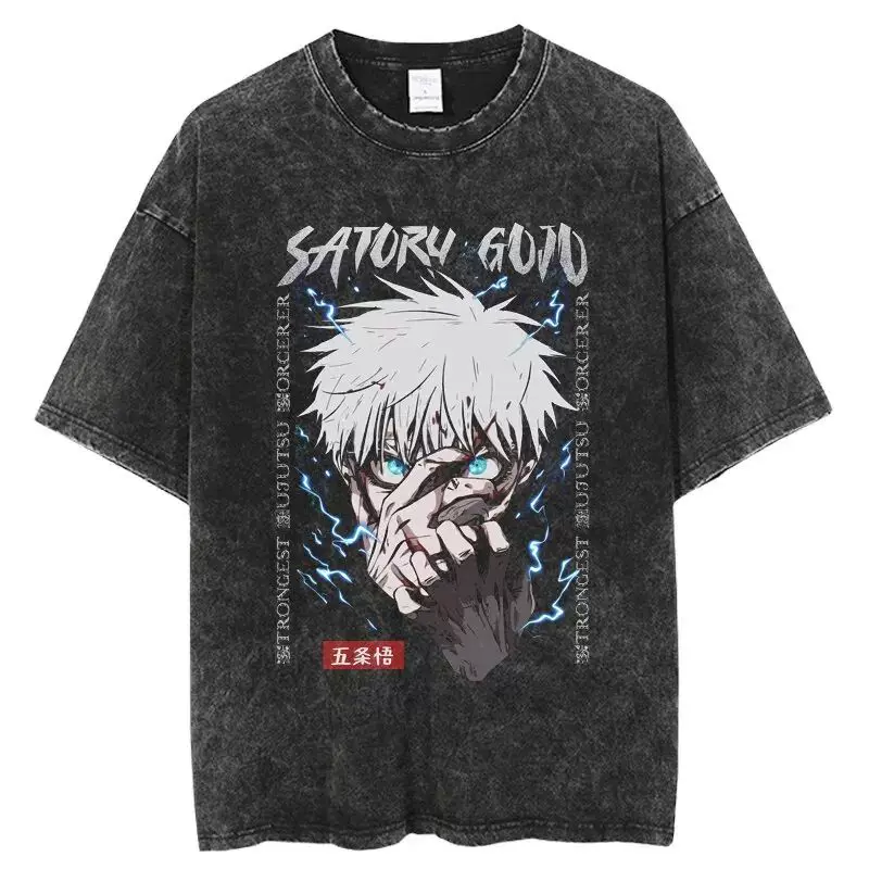 Аниме jujutsu kaisen футболка винтажная стиранная футболка Gojo Sat