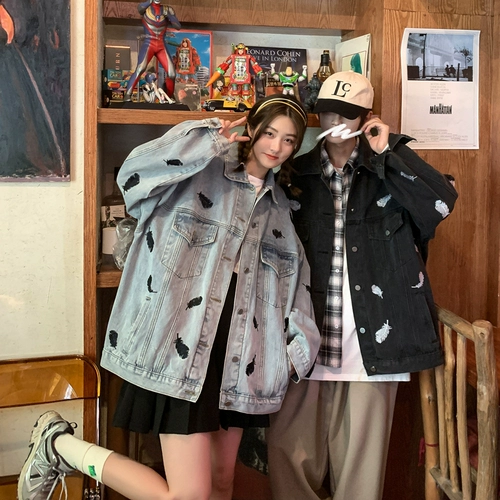 Джинсовая мужская осенняя куртка для влюбленных, коллекция 2022, оверсайз, с вышивкой