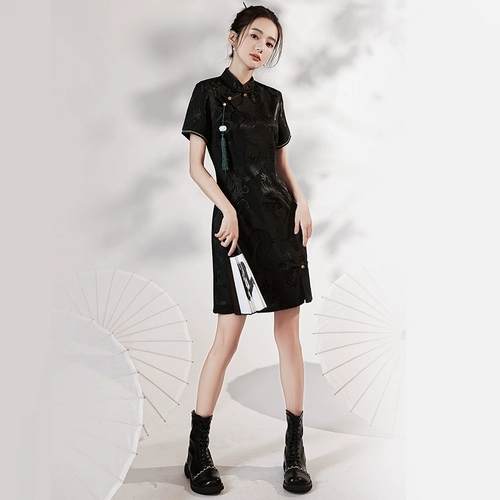 Ципао, черное вечернее платье, китайский стиль, коллекция 2023, подходит для подростков