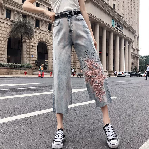 Джинсы, летние тонкие штаны, высокая талия, свободный прямой крой, с вышивкой, в цветочек, большой размер