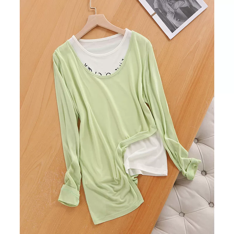 Модный поддельный двухчастный гладкий модал с неровной каймой + grass green женская тонкая прямая длинный рукав футболка 73290