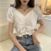Phụ nữ ngắn 2021 mặt hàng mới tinh khiết cotton trắng cổ chữ v ngắn tay áo thun nữ trong siêu lửa bong bóng tay ngắn đầu - Áo phông