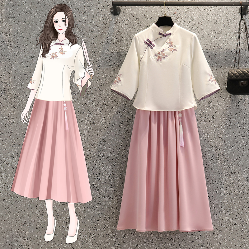 Retro summer Hanfu, thin pleated skirt, dress, set, with embroidery