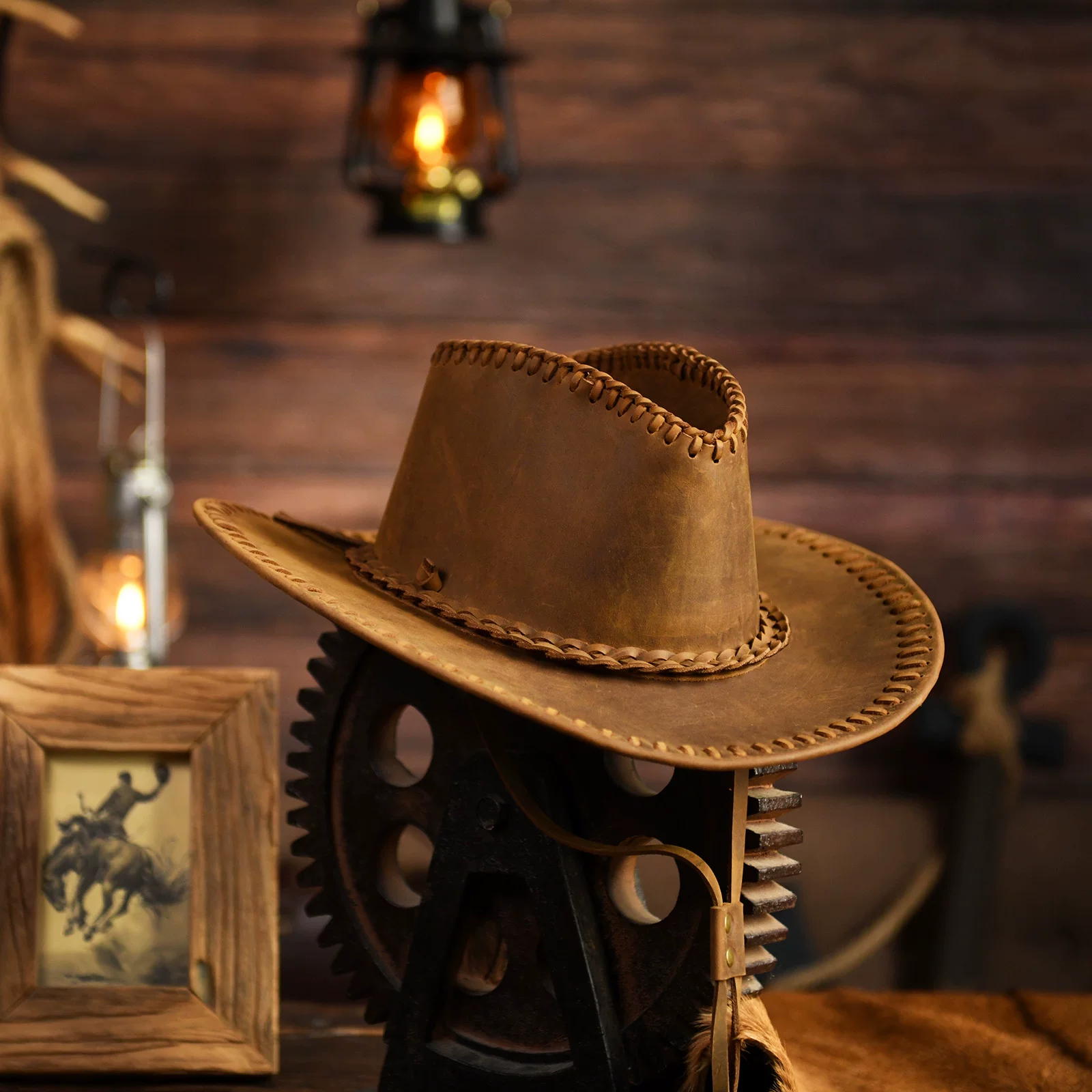 Handmade pure cowhide western cowboy hat, men's genuine leather visor knight hat, dark brown large brim cowboy hat