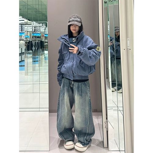 Синяя мужская осенняя куртка, короткая бейсбольная форма, в американском стиле