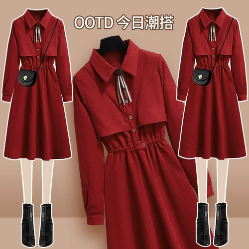 Красное вельветовое весеннее платье, небольшой дизайнерский модный трендовый лонгслив, юбка, коллекция 2023