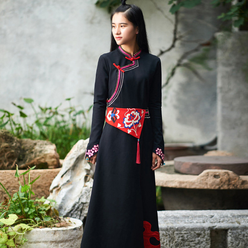 花制作/索娜/新款原创民族风蒙藏百搭裙子刺绣修身蒙古旗袍显瘦