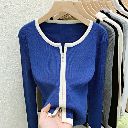 Весенний осенний трикотажный свитер, кардиган, лонгслив, тонкая приятная телу куртка, облегающий крой