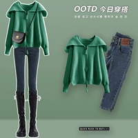 Зеленый трикотажный свитер, весенний комплект, популярно в интернете, в стиле Шанель, в западном стиле, подходит для подростков