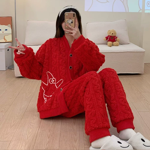 Демисезонная коралловая пижама, бархатный фланелевый утепленный комплект, коллекция 2022