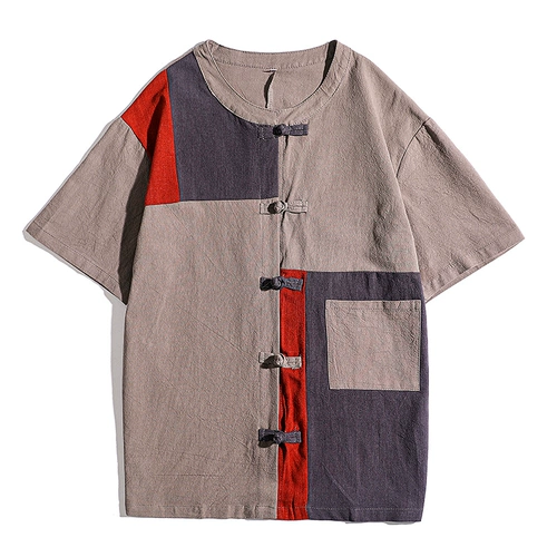 Летняя одежда, ретро трендовая футболка, из хлопка и льна, короткий рукав, китайский стиль