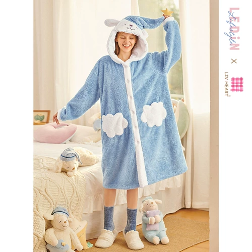 乐町 Демисезонный банный халат, коралловая бархатная зимняя милая пижама