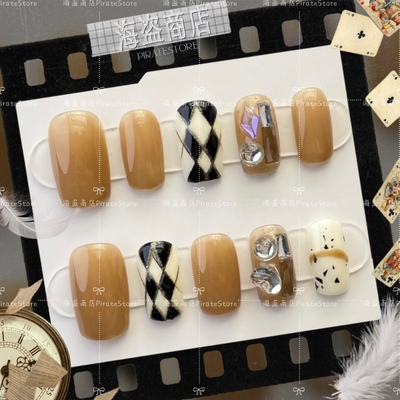taobao agent Milk coffee board grid hand -wearing nails all daily, medium, medium, simple ins, elegant commute nail art