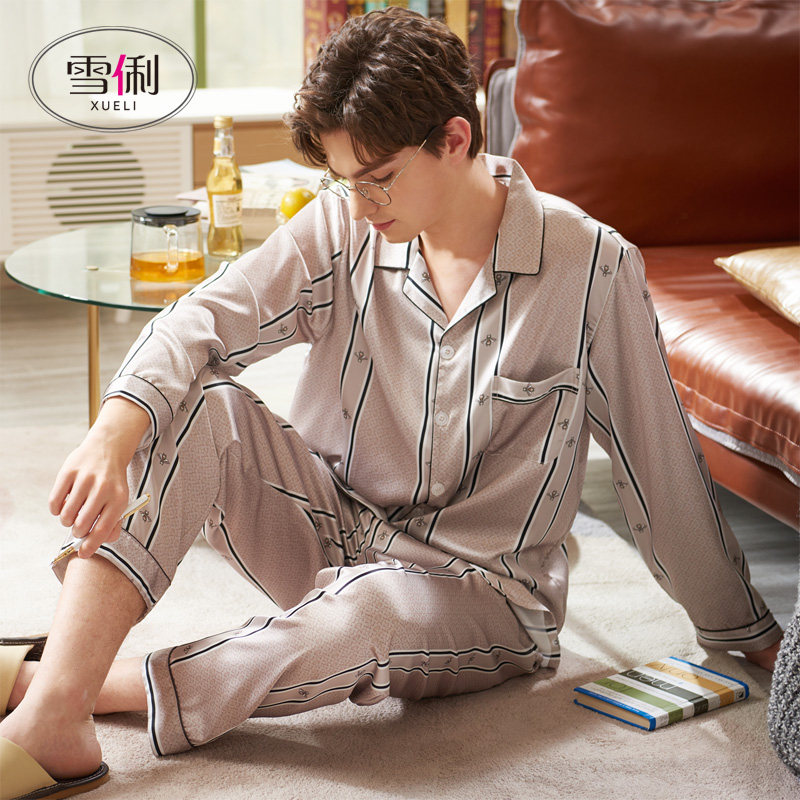雪俐  春秋款薄款 仿真丝 男式长袖家居服套装 双重优惠折后￥49.52包邮 2色可选