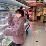 Флисовый милый кардиган с молнией для школьников и студентов, утепленный лонгслив, толстовка с капюшоном, увеличенная толщина, свободный крой