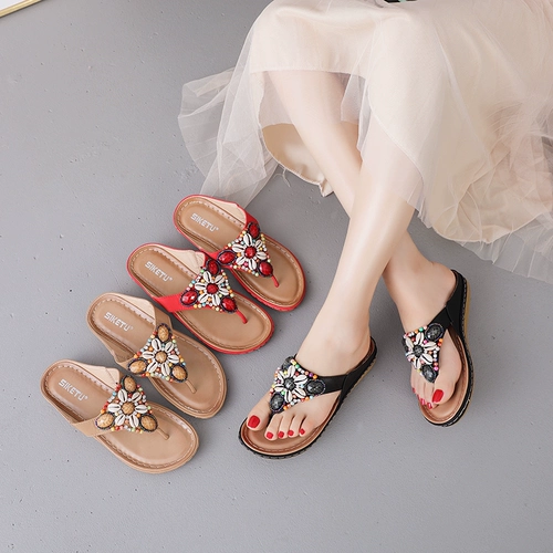 Тапочки, модная этническая обувь, нескользящие слайдеры, стиль бохо, этнический стиль, мягкая подошва