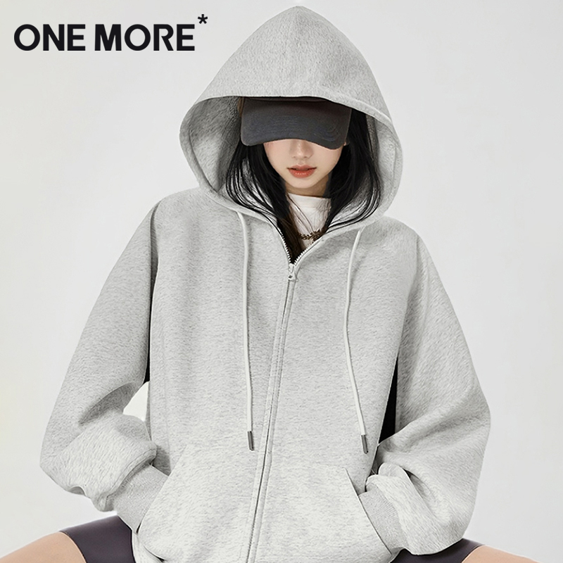 one more灰色连帽卫衣女2025新款爆款宽松显瘦巨好看的早秋上衣S