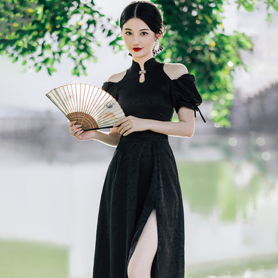 taobao agent Elegant summer cheongsam, evening dress, black skirt, Chinese style