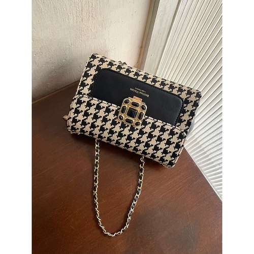 老山羊高级感千鸟格腋下包包女2022新款法式小众链条包单肩斜挎包