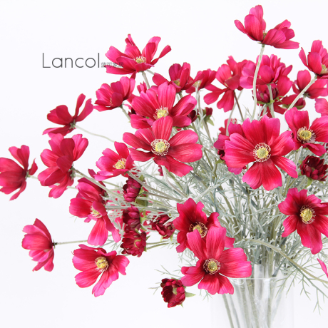 lancolx小清新仿真花 玫红色6头小波斯菊 家居餐桌装饰花假花绢花