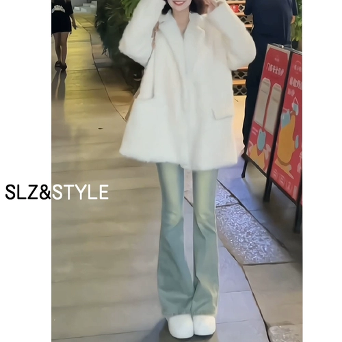 Светлый флисовый мегафон, джинсы, зимние приталенные длинные штаны, коллекция 2023, высокая талия, в американском стиле