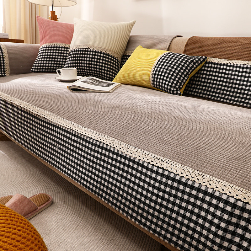 用防滑加厚坐垫北欧简约皮沙发套罩高档千鸟格盖布巾