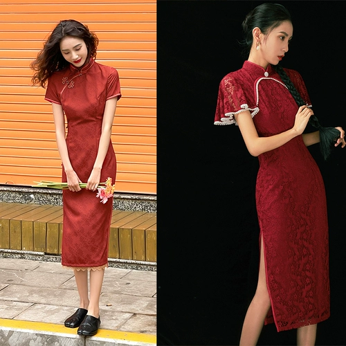 Красное ципао, вечернее платье, кружевное свадебное платье для мамы