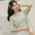 Quần áo phụ nữ mùa hè tươi mát nhỏ 2021 ve áo mới Mori ve áo một bên ngực đan áo ngắn tay áo phông cổ điển văn học - Áo phông