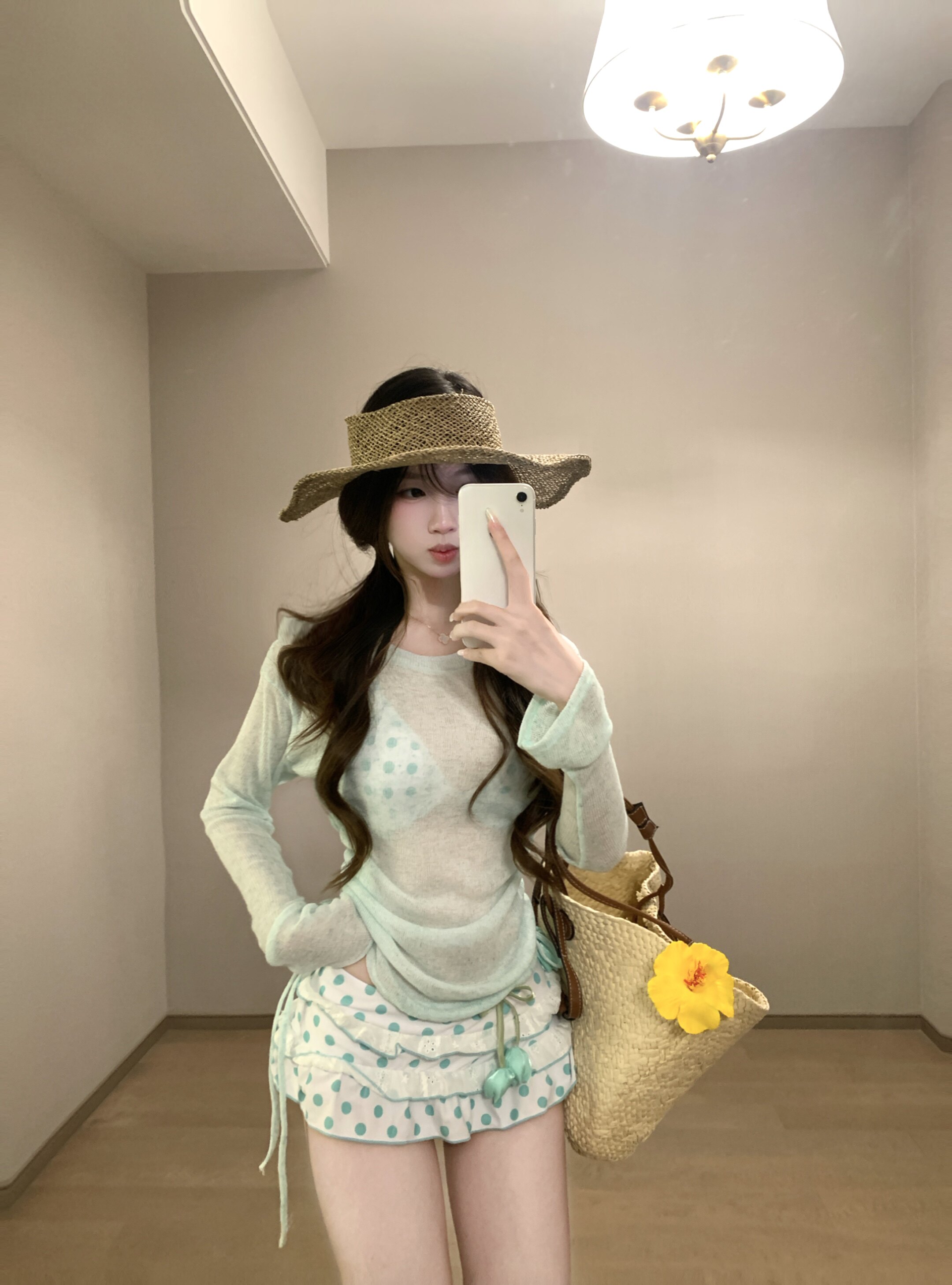 แฟชั่นใหม่ฤดูร้อน 2026 บิกินี่สามชิ้นลายจุดสีเขียวมินต์ สำหรับสาวอกเล็กโดยเฉพาะ ดูบริสุทธิ์และเซ็กซี่