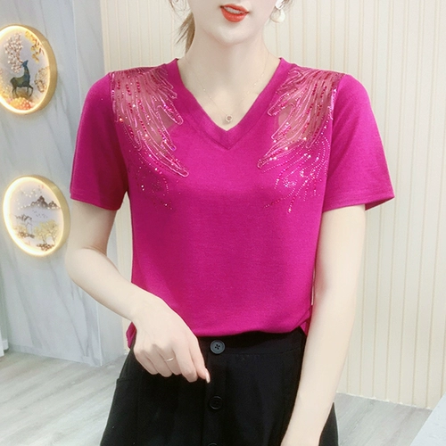 Летняя футболка с коротким рукавом, рубашка для матери, коллекция 2022, V-образный вырез, в западном стиле, оверсайз