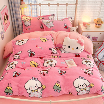 A类牛奶绒四件套大版卡通加绒加厚被套学生宿舍三件套保暖抗静电