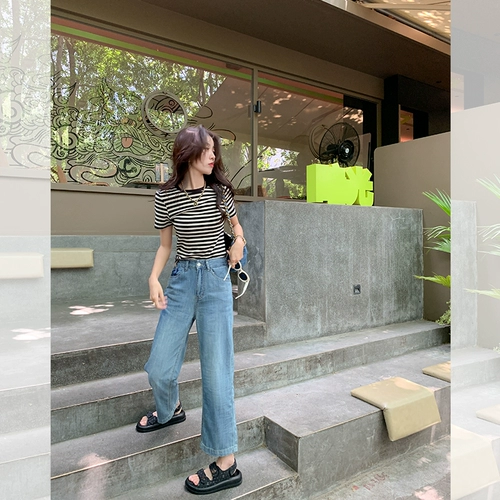 Ретро джинсы, весенние тонкие штаны, свободный прямой крой, по фигуре