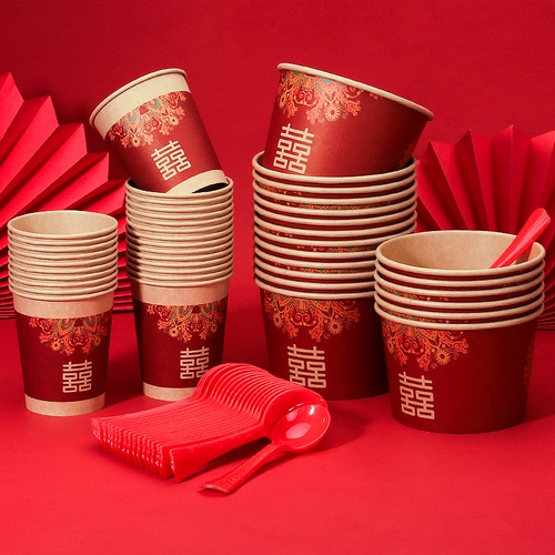 Свадебная одноразовая посуда для обеда в ланч -костюме Свадебный банкет, толстая бумажная чашка для бумажной миски, свадебные палочки для палочки Spoon Spoon Свадебные принадлежности