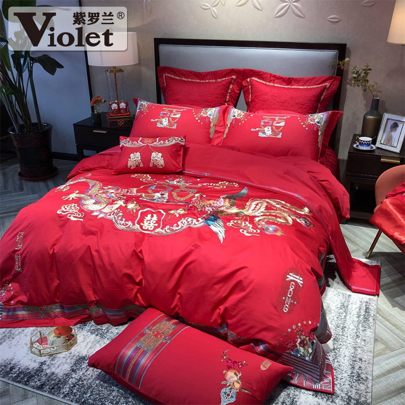 violet cotton high-density color cloth and red wedding embroidery four-piece set chinese festive wedding six-piece set ten-piece set