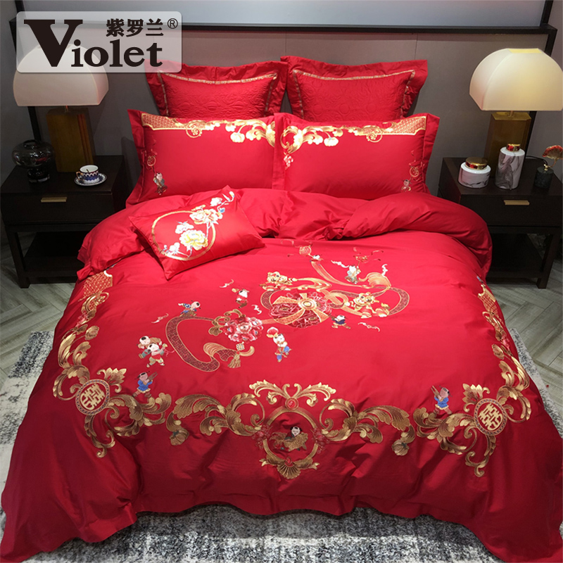 violet cotton high-density color cloth and red wedding embroidery four-piece set chinese festive wedding six-piece set ten-piece set