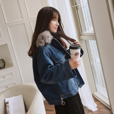 2016冬季新款韩版宽松长袖牛仔外套女短款纯色加厚大毛领保暖外套