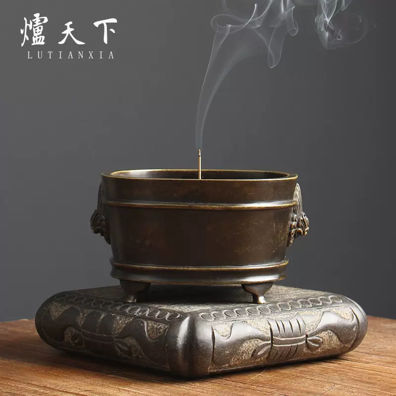 沸騰ブラドン 中国 古銅宣徳銅 山水文刻 三足香炉 M R3209 金属工芸
