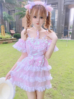 taobao agent Fresh lace dress with bow, open shoulders