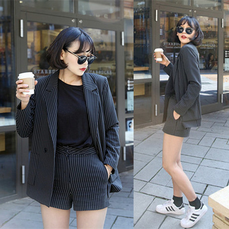 16春夏新款韩国代购通勤简约竖条纹显瘦西装短裤女热裤打底直筒裤