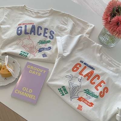 taobao agent Slowly summer cone ice cream ~ creamy print short -sleeved Tee Korean retro round neck loose T -shirt