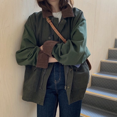 taobao agent There are coffee and green are a bit handsome ~ Switching velvet inside lapel workers small jacket Korean retro loose light core velvet