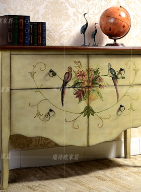 瑞诗欧美式乡村家具手绘彩绘三抽长边桌玄关桌边柜储物柜装饰柜