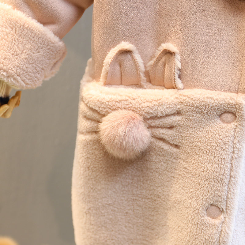女童外套2018秋冬新款童装小女孩猫咪麂皮绒儿童中长款加绒外套