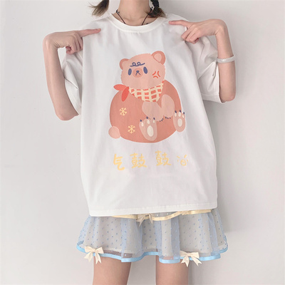 taobao agent [To Alice] C6768 original air drum drum bear boyfriend style loose printed T -shirt